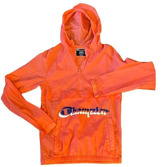 Champion Sz Small Papaya Anorak Nylon 1/2 Zip Adjustable Hood Packable Jacket - Picture 1 of 5